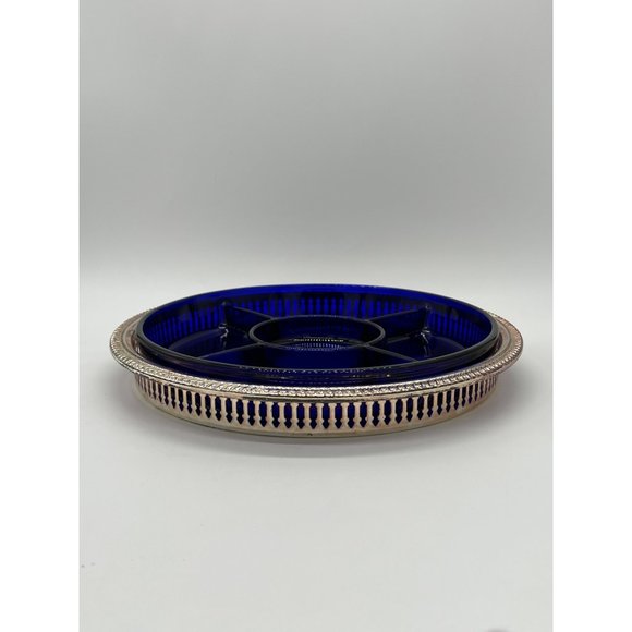 Unknown Other - Vintage Cobalt Blue Divided Appetizer/Veggie/Dip Tray on Silver Color Platter